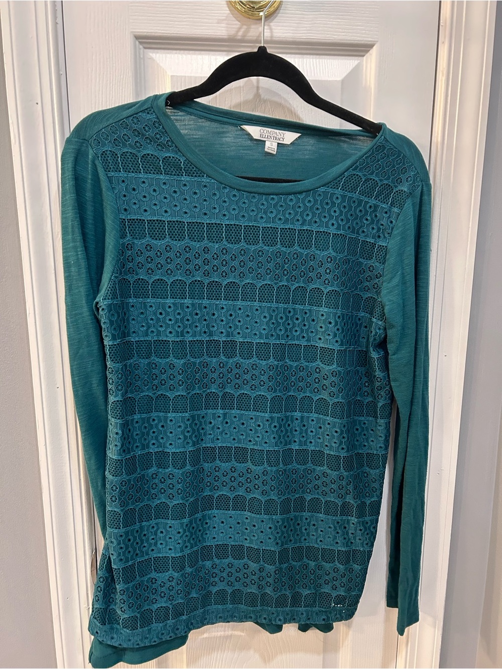 Ellen Tracy Teal Lace-Panel Long Sleeve Top